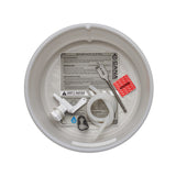 A top-down view of a white plastic bucket strainer containing white tubing, white spigot, spade bit, tubing clamp and an instruction sheet on a white background.