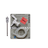 cana water filter kit with a spade bit, white spigot, and clear tubing, on a white background.