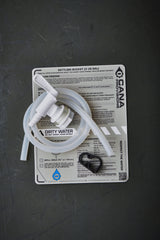 water filter components on a grey background with labels and hoses