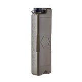 A tall, rectangular tan water bottle with a black cap, isolated on a white background.