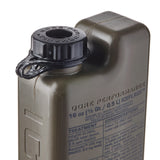 A close-up of an olive green plastic survival water flask with a black screw cap and loop, showing printed text including 'QORE PERFORMANCE' and '16 oz'.