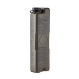 A tall, rectangular tan water bottle with a black cap, featuring embossed vertical text reading 'ICEFLASK' and printed technical labels on the side, isolated on a white background.