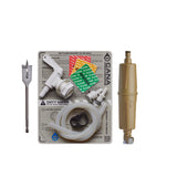cana water filter kit with a spade bit, white spigot, clear tubing, backflushing syringe, and tan MSR filter cartridge on a white background.