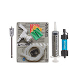 cana water filter kit with a spade bit, white spigot, clear tubing, backflushing syringe, and blue Sawyer filter cartridge on a white background.