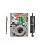 cana water filter kit with a spade bit, white spigot, clear tubing, backflushing syringe, and black MSR thru-link filter cartridge on a white background.