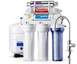 iSpring Water Systems water filter machine with a white storage tank, three white filter cartridges, a blue reverse osmosis membrane canister, a silver ultraviolet tube, and a stainless steel faucet on a white background.