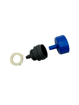 Three plastic sawyer water filter components on a white background