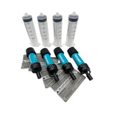 four Sawyer mini water filters with four cana provisions backflush syringes and four water data decal on a white background