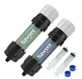 twin pack of Sawyer water filter cartridges with additional components on a white background