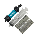Sawyer mini water filter with cana provisions backflush syringe and water data decal on a white background