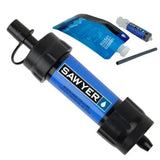 Sawyer mini water filter with water pouch and accessories on a white background