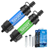 Two Sawyer mini water filters, one blue and one green, with two water pouches and accessories on a white background