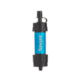 A Sawyer mini water filter cartridge with a bright blue label featuring the white 'Sawyer' brand name, set against a solid white background.