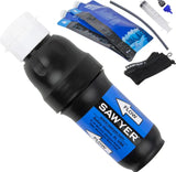 Sawyer squeeze water filter with drinking pouches and accessories on a white background