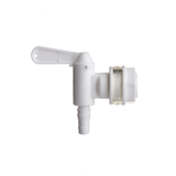 A white plastic spigot with a ribbed hose fitting and a translucent cap, shown on a plain white background.
