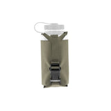 Olive green bottle pouch with a black buckle on a white background