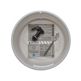 A top-down view of a white plastic bucket strainer containing black spigot, spade bit, and an instruction sheet on a white background.