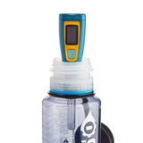 A digital water bottle filter device with a blue and yellow body and a small screen, shown inserted into the opening of a clear plastic water bottle on a white background.