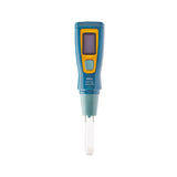 A handheld Steripen UV water treatment device on a solid white background. The device features a blue body with a yellow accent panel around the screen and a glass probe tip.