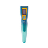 A handheld Steripen UV water treatment device on a solid white background. The device features a blue body with a yellow accent panel around the screen and a glass probe tip.