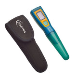 A digital steripen water purifier with a blue and green body, shown next to its black protective sheath on a white background.