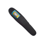 A digital steripen water purifier with a blue and green body, shown inside of its black protective sheath on a white background.