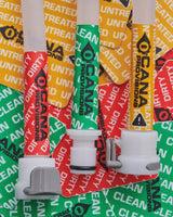 Three colorful labels on a multicolored background.