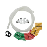 Set of clear plastic tubing, black connectors, and colorful labels on a white background