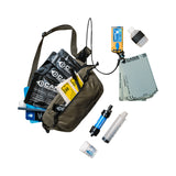 Collection of outdoor survival gear including a bag, water bottles, and supplies on a white background