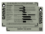 cana provisions 3.5 gallon water data cards on a white background