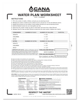 Water plan worksheet from Cana Provisions with instructions and space for calculations.