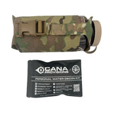 Personal water decon kit shown on a white background, featuring a camouflage-patterned water bottle cover with a tan buckle and a black CANA Provisions personal water decon kit pouch below it.