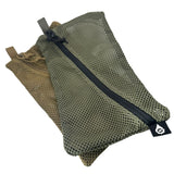 Two mesh pouches with zippers, one brown and one green, on a white background.
